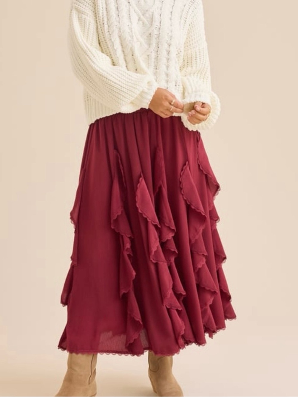 NEW Altar’d State Burgundy Red Ruffle Maxi Skirt Size Large NWT